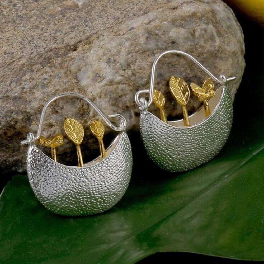“Sprouts in a Basket” Seedling Butterfly Planter Botany Whimsy Two Tone 3D Hoops - Picture 4 of 11